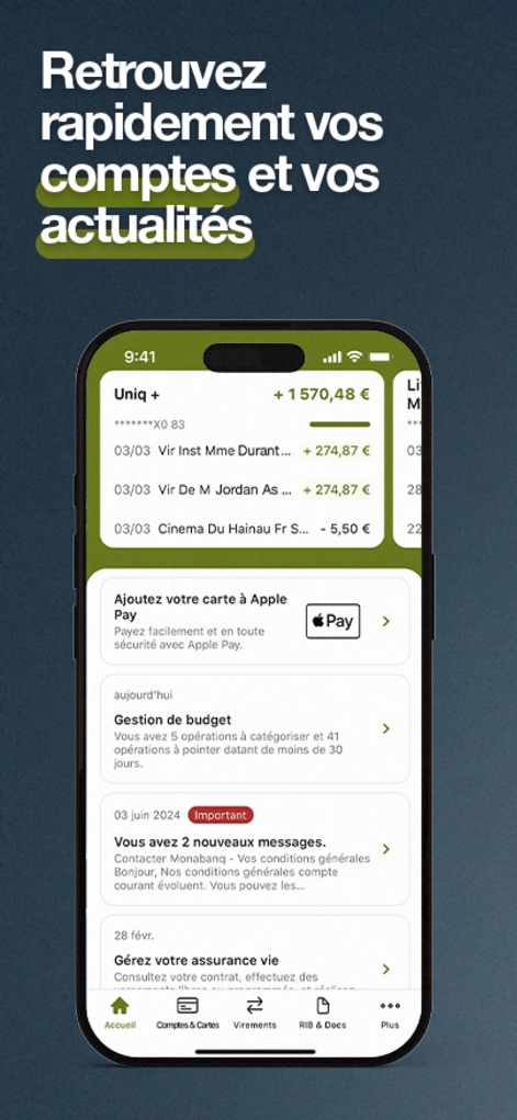 Monabanq - Banque en ligne - See how the app provides a clear overview of recent transactions and highlights the seamless Apple Pay integration.