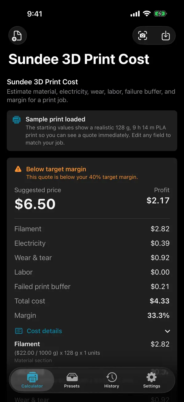 Screenshot #2 pour Sundee 3D Print Cost