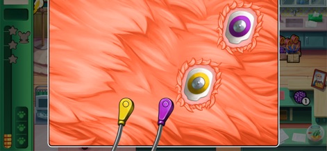 Dr. Cares - Amy's Pet Clinic - Questo screenshot rivela un mini-gioco diagnostico in cui si applicano elettrodi colorati al pelo dell'animale per rilevare problemi.