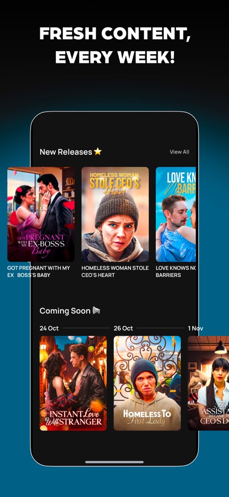 Shorten: Drama Shorts & Series - Stay updated with a dedicated 'New Releases' section highlighting fresh content and a 'Coming Soon' feature that previews upcoming series with release dates.
