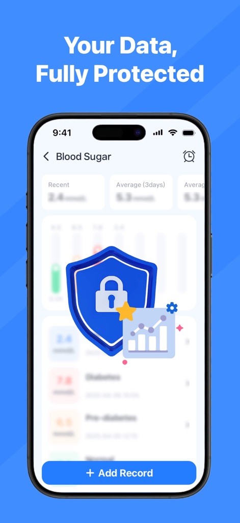 VitalBeat: Blood Sugar Tracker - La aplicación garantiza la seguridad de los datos con un ícono de escudo y candado (X), y permite agregar nuevos registros fácilmente (Y) manteniendo la información personal protegida.
