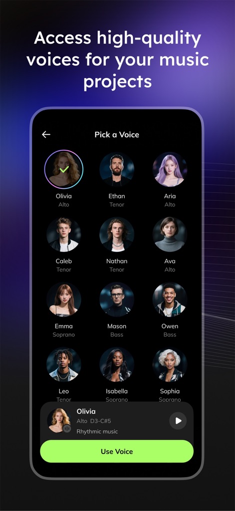 Vocal Remover - Musiclab - Users can browse and select from a rich library of high-quality vocalists, each categorized by type like 'Alto' or 'Tenor', to enhance their music projects.