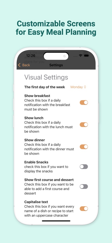 Meal Planner & Grocery List - Users gain complete control over their meal planning experience through customizable settings, including toggles for meal types like 'Breakfast' and options for 'First day of the week'.