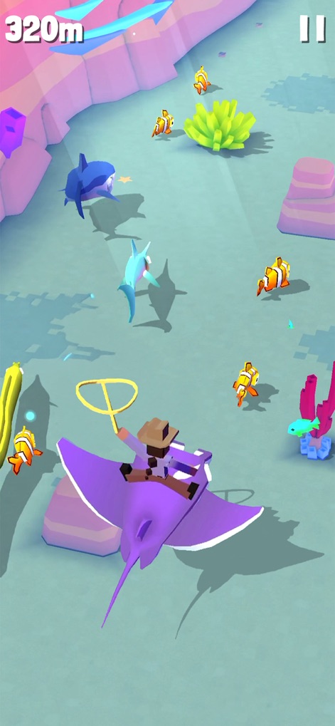 Rodeo Stampede: Sky Zoo Safari - La aplicación transporta a los jugadores a un fascinante entorno acuático, donde el vaquero cabalga sobre una manta raya entre colorida vida marina, incluyendo tiburones y peces payaso.