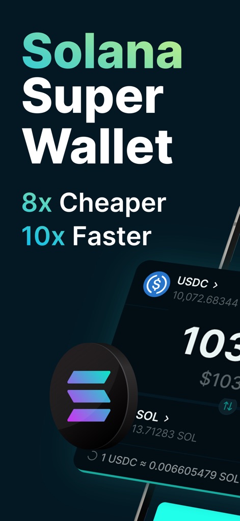 Jupiter Mobile - Solana Wallet - This screenshot highlights the app's promise of speed and cost-efficiency, showcasing clear displays of USDC and SOL balances.