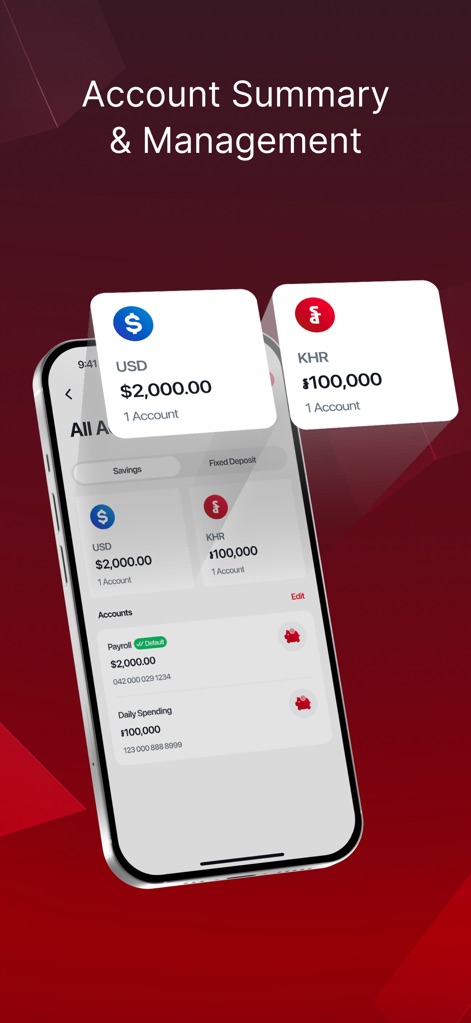 Canadia Bank App - Esta herramienta proporciona un resumen detallado de las cuentas, mostrando saldos en 'USD' y 'KHR', y ofreciendo una vista consolidada de los depósitos fijos y ahorros.