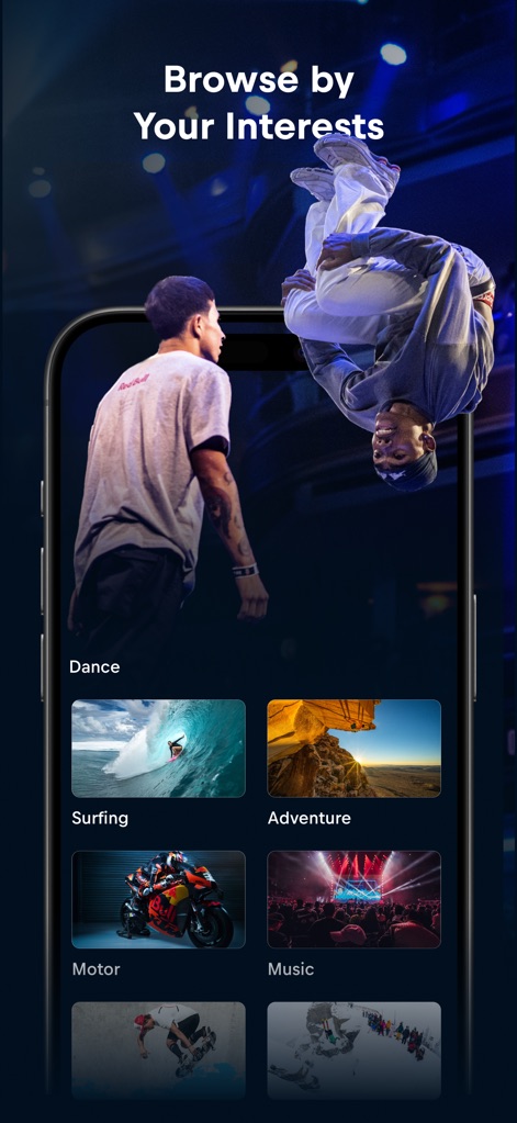 Red Bull TV: Watch Live Events - Discover the app's intuitive browsing by interest, offering distinct categories like 'Dance' and 'Surfing' presented with engaging visual cards to personalize content discovery.