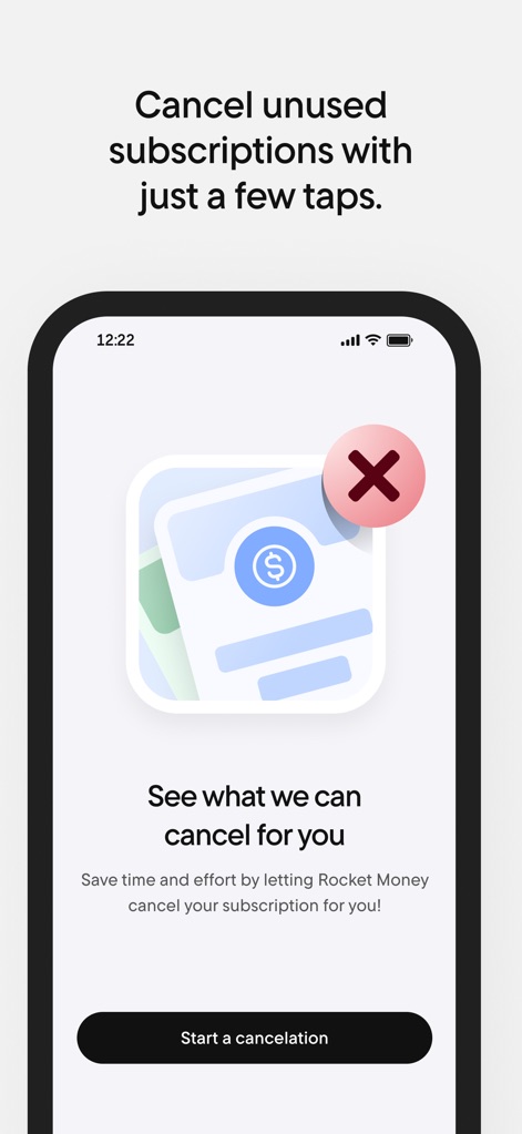 Rocket Money - Bills & Budgets - The app simplifies subscription management, featuring an intuitive cancellation icon and a clear "Start a cancelation" button to easily eliminate unwanted services.