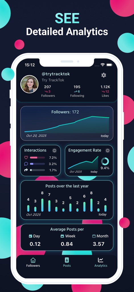 TrackTok: Tik Follower & Likes - Nutzer erhalten tiefe Einblicke in ihre Profilentwicklung, visualisiert durch den Graphen der "Followers" und die spezifische Anzeige der "Engagement Rate".