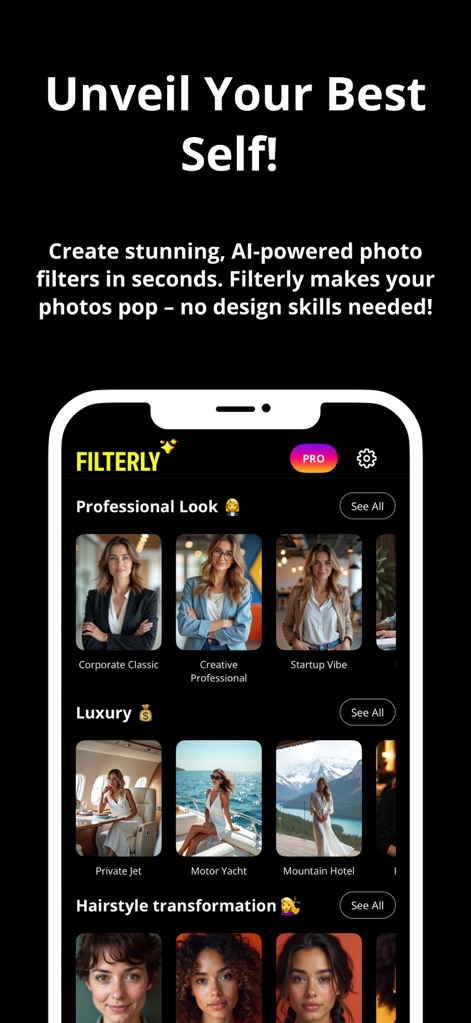 Filterly - AI Photo Enhancer - La aplicación muestra una interfaz intuitiva con categorías claras como 'Professional Look' y 'Luxury', destacando miniaturas de vista previa que permiten a los usuarios elegir entre múltiples transformaciones.