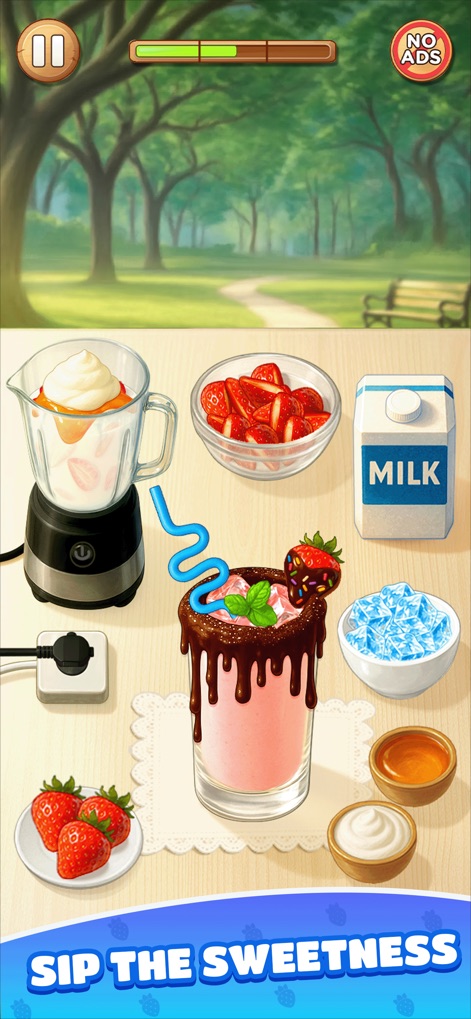 Cooking ASMR: Foodie Cook Game - Esta captura destaca a preparação de um smoothie de morango, mostrando um liquidificador e morangos frescos, em um ambiente verde de parque.