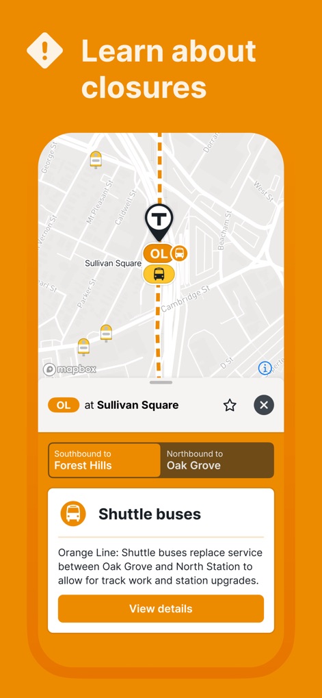 MBTA Go — Official - L'app informa tempestivamente sulle chiusure del servizio tramite una "Mappa con percorso interrotto" e fornisce i "Dettagli navetta sostitutiva" quando necessario.