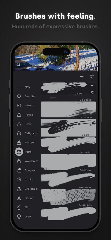 Infinite Painter - Explore the app's extensive collection of hundreds of expressive brushes, neatly categorized from Pencils to Watercolors, for diverse artistic styles.