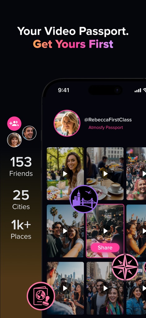 Atmosfy: Meet Your City - A funcionalidade "Atmosfy Passport" permite aos usuários criar um registro visual de suas experiências, exibindo dados como "153 Friends" e "25 Cities" visitadas em uma grade de vídeos.