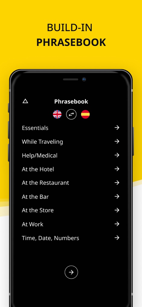 Translator Guru: Voice & Text - La aplicación incluye un útil libro de frases organizado por categorías como "Essentials" y "While Traveling", facilitando la comunicación con traducciones entre "English" y "Spanish".