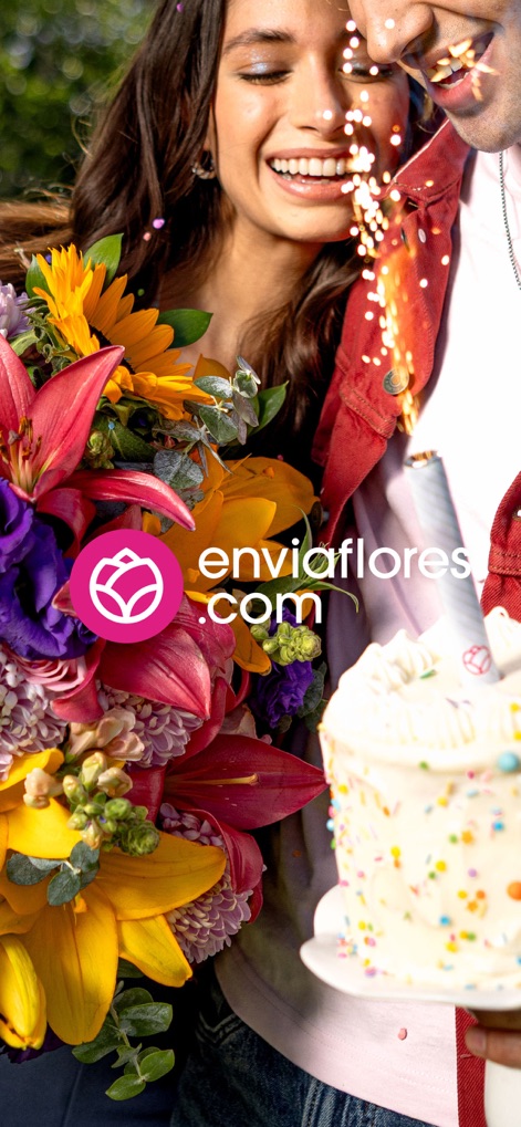 Enviaflores.com - La aplicación conecta a los usuarios con la alegría de regalar, destacando un vibrante ramo de flores frescas y un pastel de cumpleaños festivo que simbolizan momentos especiales.