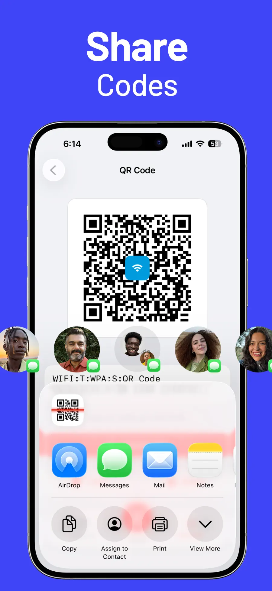 QR Reader & Creator showing QR scanning, QR creation types, and saved history on iPhone (6/6)