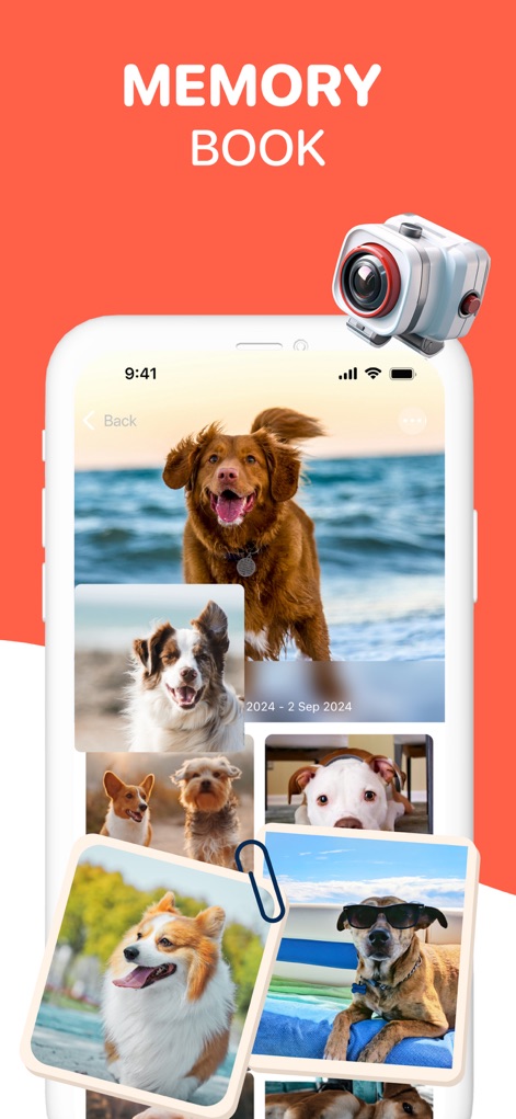 Dog Translator - Dog Talk - La sección de "Memorias" permite a los usuarios guardar y organizar fotos de sus mascotas en un formato de galería, y una imagen de perro con fecha de "2024 - 2 Sep 2024" muestra la capacidad de registrar eventos importantes.