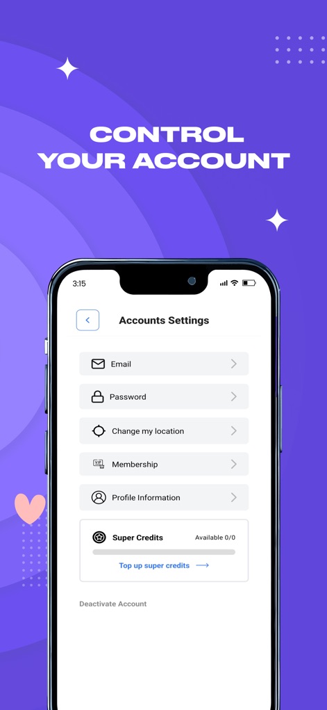 DoubleList - Casual Encounters - This section allows users to update personal details like their "Email" and "Password," and monitor their "Super Credits" balance.