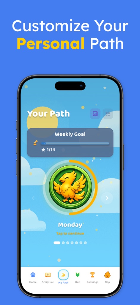 Ascend: Bible Game - Les utilisateurs peuvent personnaliser leur parcours d'apprentissage en suivant leurs objectifs hebdomadaires et en débloquant des étapes quotidiennes claires.