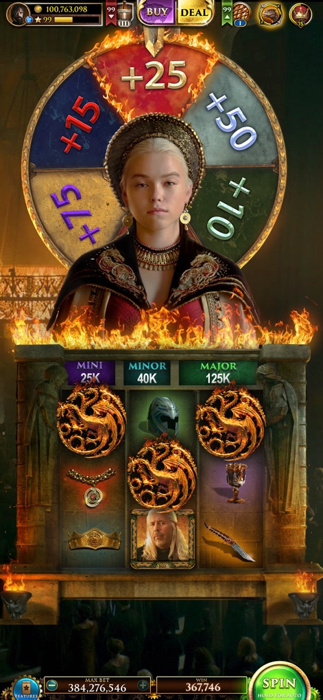 Game of Thrones Slots Casino - Spin for regal rewards on the bonus wheel, featuring a noble queen and an array of collectible themed items like crowns and daggers.