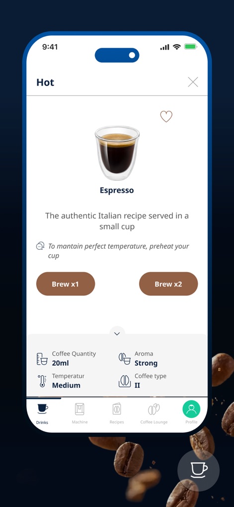 De'Longhi COFFEE LINK - Diese Detailansicht ermöglicht Nutzern die Zubereitung eines Espresso, wobei sie die gewünschte Anzahl an Brühvorgängen auswählen und spezifische Parameter wie die Kaffeemenge von 20 ml und das Aroma detailliert anpassen können.