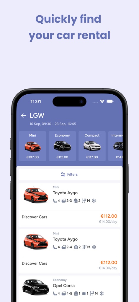 Jetcost: flights and cars - Louez votre véhicule idéal en explorant la catégorisation claire des types de véhicules (Mini, Economy, Compact) et en consultant les fiches détaillées des voitures incluant le nombre de passagers et le type de carburant.