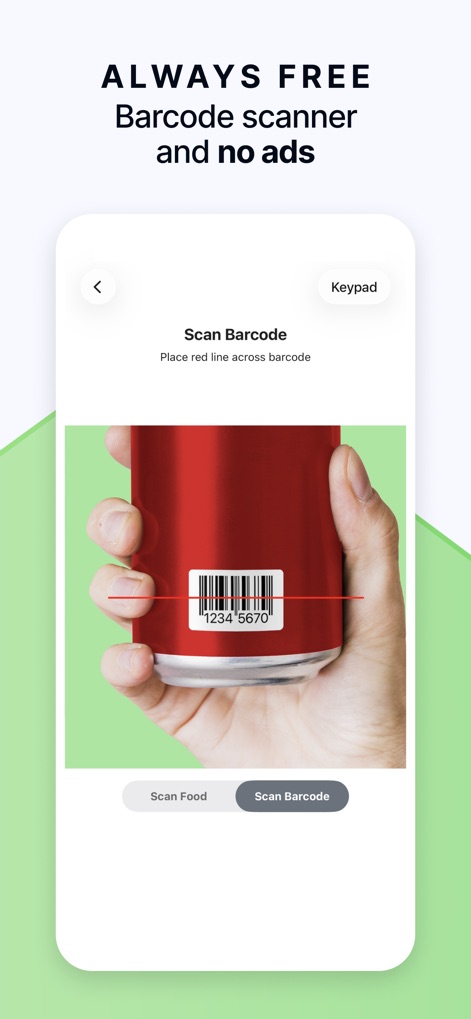 Calorie Counter by fatsecret - Simplifica el registro de alimentos mediante un escáner de código de barras intuitivo, donde el usuario puede alinear el código con la línea roja para identificar productos rápidamente.