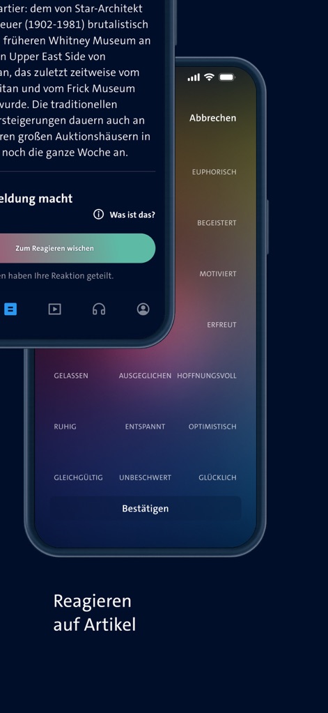 tagesschau - Nachrichten - Users can actively engage with content by swiping to react, choosing from a wide range of emotional responses like "Euphorisich" or "Begeistert" via an intuitive pop-up menu.