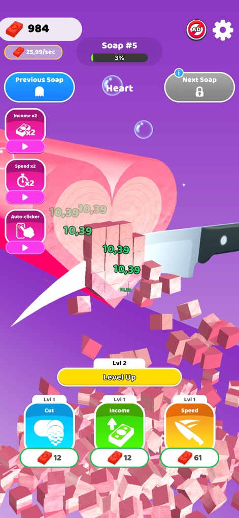 Idle Soap ASMR - Observez la découpe satisfaisante des savons en forme de cœur et l'interaction avec les boutons d'amélioration pour la “Coupe” et le “Revenu” qui optimisent votre progression.
