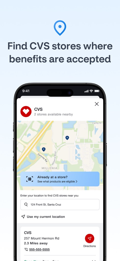OTC Health Solutions - The integrated map feature visually displays nearby CVS store locations, offering users the convenience to "Use my current location" for precise directions and store details.
