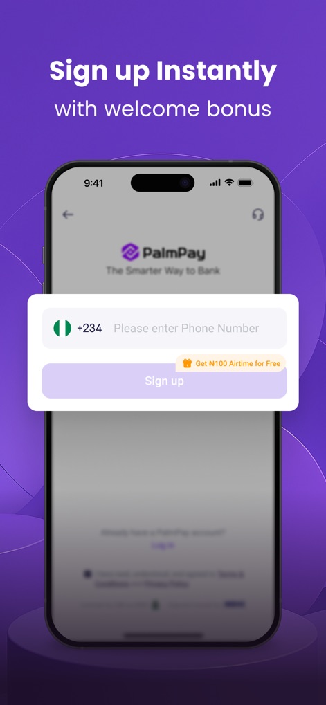 PalmPay - Transfers, Bills - Users can initiate their journey with a simple "Sign up" process, featuring a phone number input field and a "Get ₦100 Airtime for Free" welcome bonus.