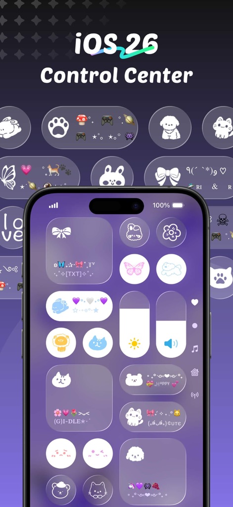 iThemes - Easy Widgets & Icons - Experience the next level of customization with unique Control Center designs, featuring adorable kawaii-themed icons and a delightful purple color palette.