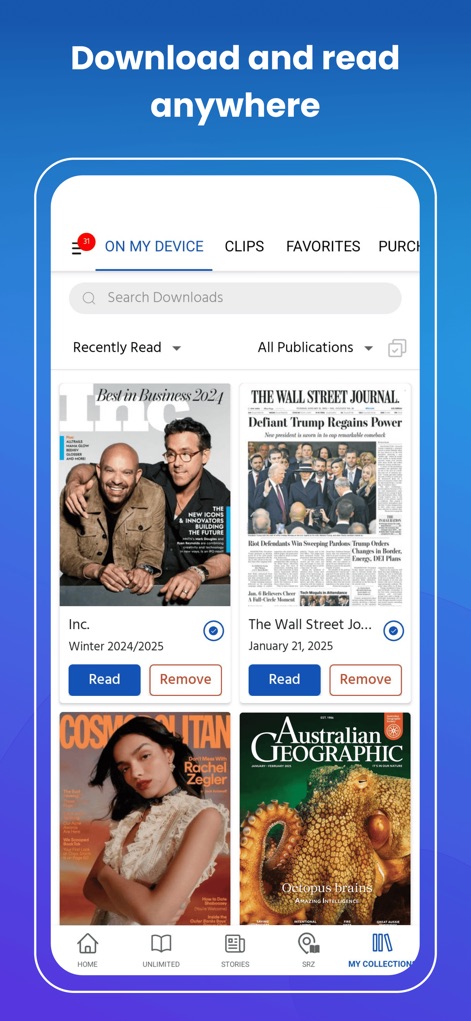 Magzter: Magazines, Newspapers - The "My Collection" feature allows users to "Download and read anywhere," organizing saved publications under tabs like "ON MY DEVICE" for convenient offline access.