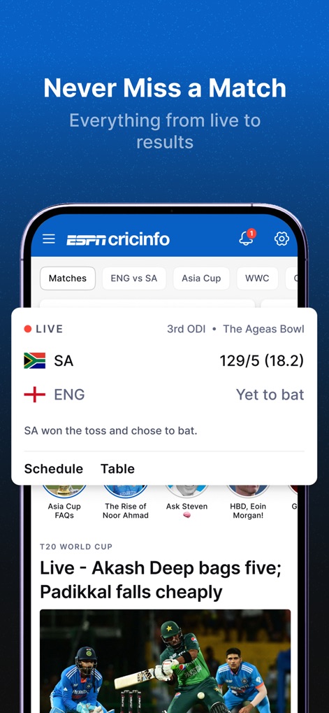 ESPNcricinfo - Cricket Scores - The app delivers real-time scores with a clear display of team flags and current match status, making it easy to follow ongoing games.