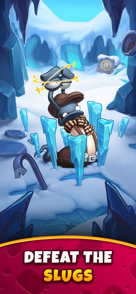 Best Fiends - Match 3 Puzzles - Get a glimpse of a challenging slug enemy frozen among sharp icicles in a dramatic icy landscape.