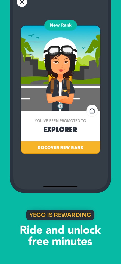 YEGO Mobility - Users can explore the app's loyalty program, evident through the "New Rank" notification and the exciting "EXPLORER" achievement for active riders.