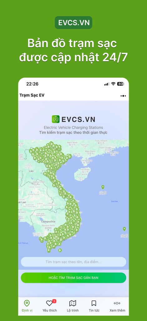 Trạm Sạc EV - See the app's comprehensive map displaying charging stations across Vietnam and its intuitive search bar for real-time station discovery.