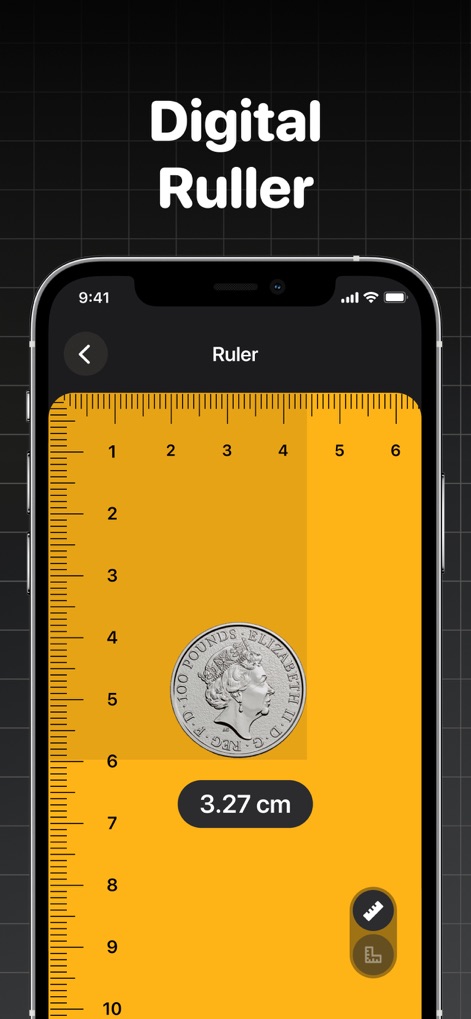 The Tape Measure & 3D Scanner - The app offers a convenient digital ruler for small-scale measurements, allowing users to precisely gauge items like a coin at 3.27 cm.