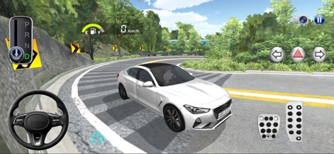 3D Driving Class - Practice realistic road tests on winding mountain roads, controlling a detailed white sedan with the in-app steering wheel and intuitive pedal system.