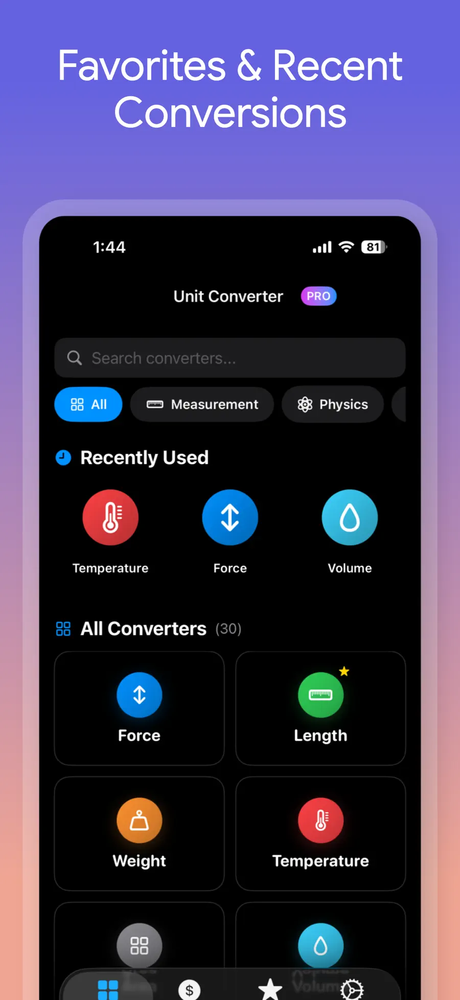 Unit Converter Max showing unit categories, multiple conversion results, and world currencies on iPhone (5/5)
