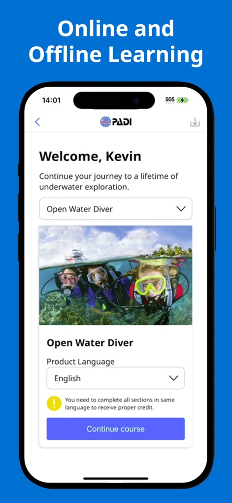 PADI - La aplicación personaliza la experiencia del usuario con un mensaje de bienvenida ('Welcome, Kevin') y permite la selección del idioma del curso directamente, como se muestra en la interfaz para 'Open Water Diver'.