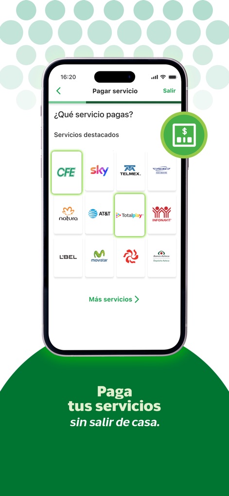 Banco Azteca - Eine breite Palette an "ausgewählten Diensten" wird über klare Logos präsentiert, die Nutzern das schnelle Bezahlen ihrer Rechnungen für Energie und Telekommunikation ermöglichen.