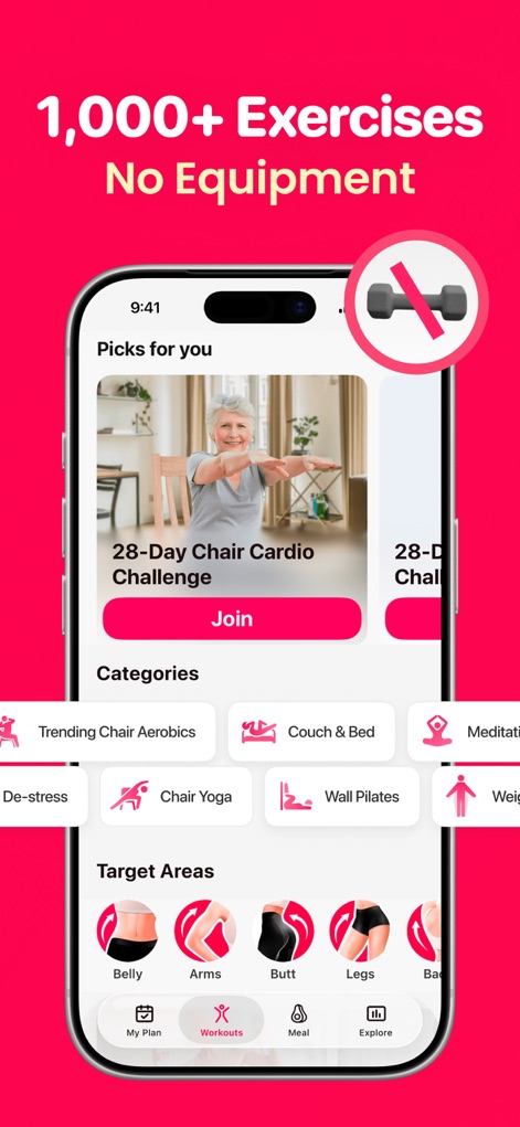 LazyFit: Workout For Beginners - Dieser Bildschirm präsentiert eine breite Auswahl an Trainingskategorien wie "Chair Yoga" und den Hinweis, dass keine Ausrüstung benötigt wird, symbolisiert durch das durchgestrichene Hantelsymbol.