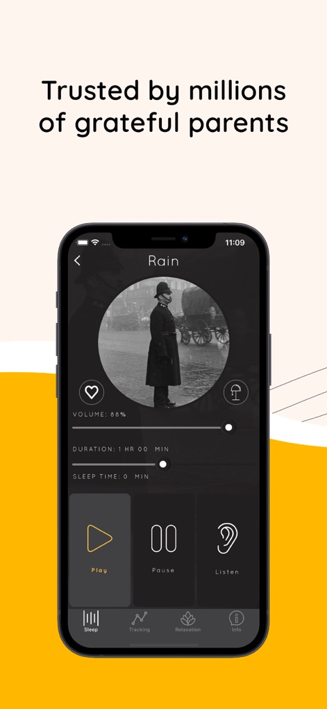Sound Sleeper Baby White Noise - Die App-Ansicht demonstriert die "Rain"-Soundeinstellung mit einstellbarem Lautstärkepegel und einer Dauerfunktion, was die Zuverlässigkeit und Beliebtheit der App bei Eltern verdeutlicht.