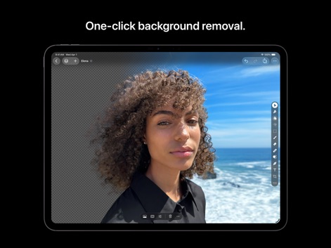 Pixelmator Pro: Edit Images - Esta imagen resalta la función de eliminación de fondo con un solo clic, presentando un retrato nítido de una mujer sobre un fondo transparente y la interfaz de usuario limpia que facilita esta tarea.