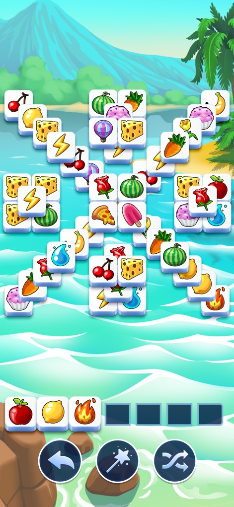 Tile Club - Matching Game - Witness complex, dispersed tile clusters laid out across a vibrant tropical beach environment, inviting strategic matching.