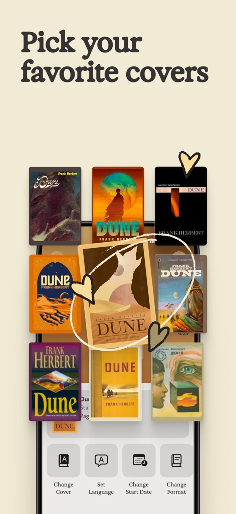 Margins: Book Tracker - Esta herramienta permite personalizar la experiencia visual, mostrando varias opciones de portadas para un mismo título como "Dune" y opciones para cambiar el idioma o formato del libro.