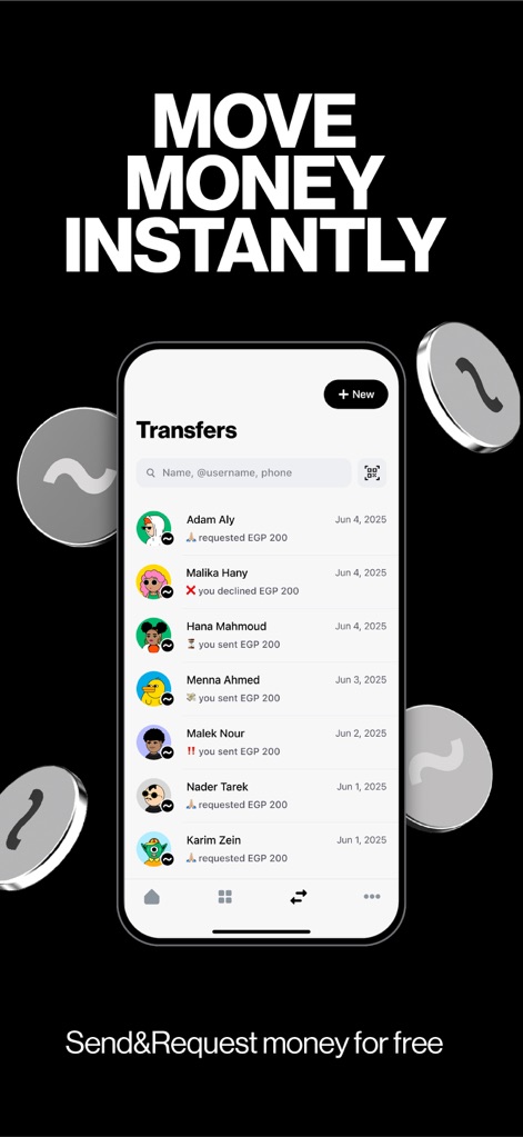 Telda - Esta característica muestra una lista de transferencias recientes con los nombres de los contactos y promueve la capacidad de enviar y solicitar dinero gratis.