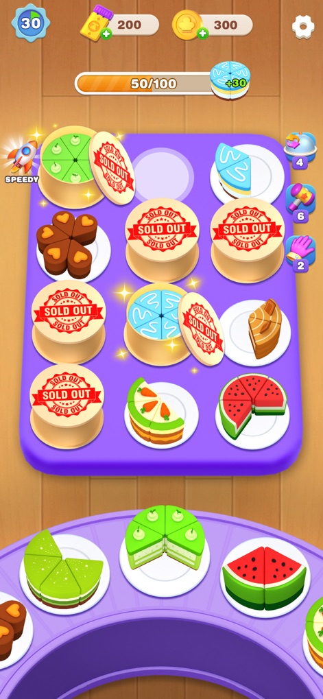 Cake Sort Master-Color Puzzle - Cet outil présente des obstacles comme les emplacements "Sold Out", invitant les joueurs à élaborer des stratégies de dégagement et à exploiter les gâteaux verts.